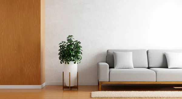 Cozy Gray Sofa Modern White Concrete Wall Empty Room Plants — Stok Foto
