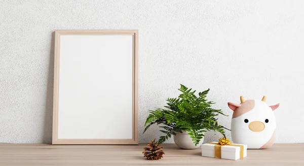 Empty Photo Frame Mockup Wooden Table Cow Doll Plant Pine — Stok Foto
