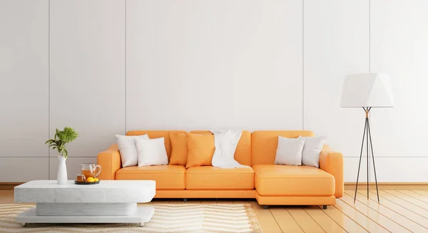 Cozy Orange Sofa Modern White Wooden Wall Empty Room Plants — ストック写真