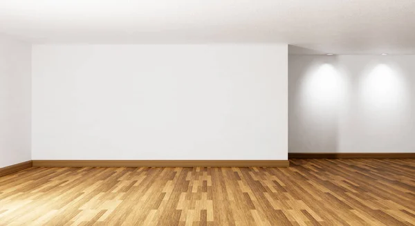 Empty Room Parquet Wooden Floor Downlight White Concrete Wall Background — Stok Foto