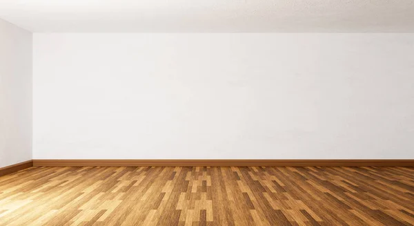 Empty Room Parquet Wooden Floor White Concrete Wall Background Architecture — ストック写真