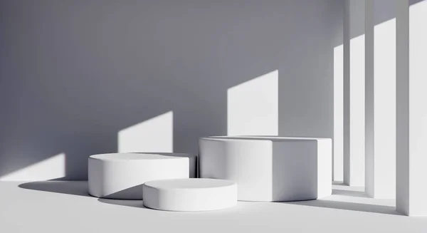 Three White Product Podiums Minimal Style Building Background Architecture Interior — Stockfoto