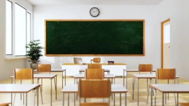 Dolly zooms into the chalkboard a high school classroom with no student and teacher because of home isolation or holiday. Education interior architecture and self-learning concept background.