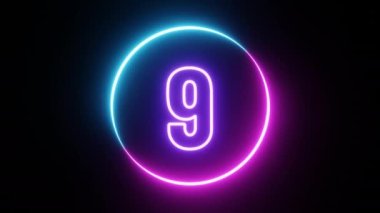 Digital countdown timer number ten to zero second with circular two tones of neon color light on black background. Cyberpunk blue and pink color on dark fluorescent light. 