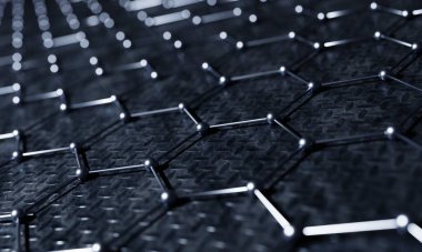 Çelik kimyasal altıgen yapı bağlantı ağı arka planı. Bilim ve iş endüstrisi kavramı. 3B illüstrasyon oluşturma