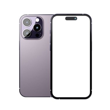 UI ve UX bilgi sunum arayüzü tasarımı için cihaz ekran şablonu ile mor renkli gerçekçi yeni akıllı telefon modeli. Teknoloji konsepti. 3B illüstrasyon oluşturma