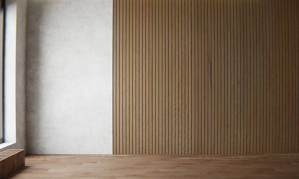 コンクリートセメント壁と木製パネルの壁の背景と空の部屋 建築とインテリアのコンセプト 3Dイラストレンダリング — ストック写真