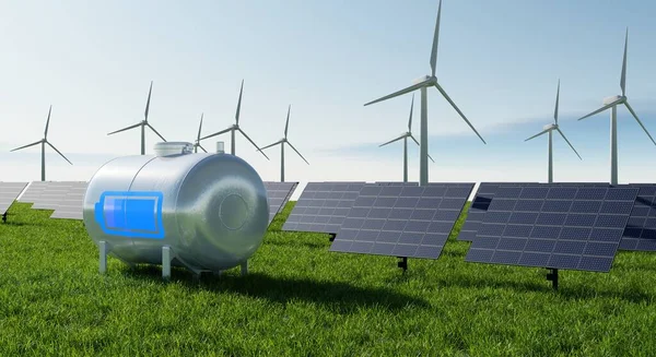 Battery charger solar energy power plant farm. Ecology technology and power savings concept. Alternative energy theme. 3D illustration rendering