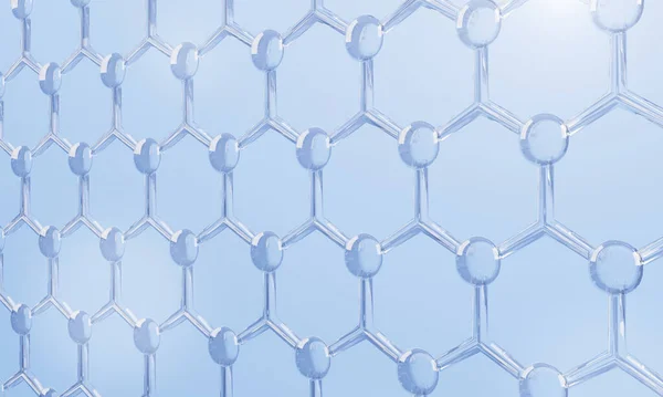 Biru Transparansi Kaca Kimia Heksagonal Struktur Koneksi Latar Belakang Jaringan — Stok Foto
