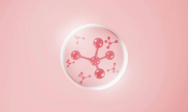 Atom Molekul Dalam Gelembung Dengan Latar Belakang Kulit Merah Muda — Stok Foto