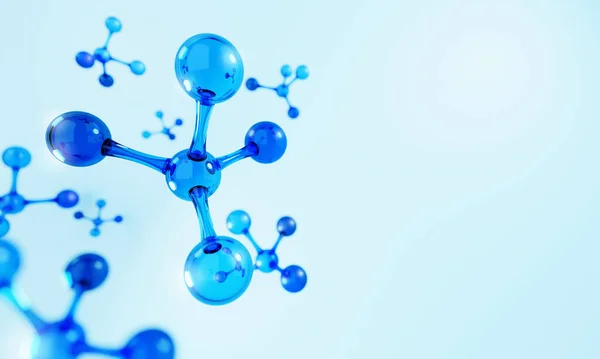 Pendekatan Struktur Atom Molekul Biru Pada Latar Belakang Serum Cair — Stok Foto