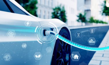 Şehrin sokaklarında mavi enerji bataryası şarj olan elektrikli araçlar için yüksek hızlı şarj istasyonu. Yakıt gücü ve ulaşım endüstrisi kavramı. 3B illüstrasyon oluşturma