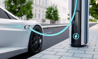 Şehrin sokaklarında mavi enerji bataryası şarj olan elektrikli araçlar için yüksek hızlı şarj istasyonu. Yakıt gücü ve ulaşım endüstrisi kavramı. 3B illüstrasyon oluşturma