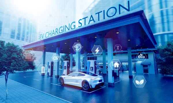 Laddningsstation För Elfordon Centrum Staden Med Blå Energi Batteri Laddningsstation — Stockfoto
