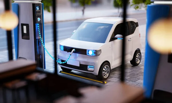 Blue EV charging station and electric vehicle in the city background with coffee shop foreground. Eco technology and Transportation concept. 3D illustration rendering