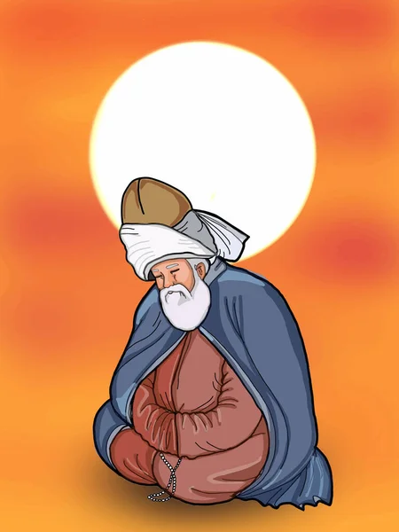 Mevlana Illustration Teckning Siluett Och Solnedgång — Stockfoto