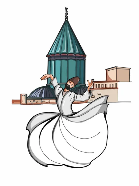 Mevlevi Semazen Whirling Illustration Drawing Green Shrine — Stock Photo, Image