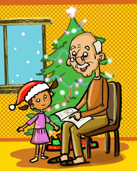 Nagyapa Könyvet Olvas Unokájának Egy Karácsonyfa Előtt Karácsonykor — Stock Fotó