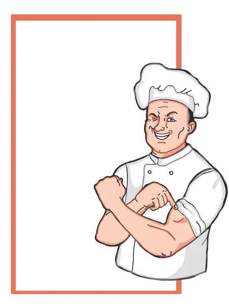 Szef Kuchni Wskazując Swoją Ilustrację Siły Ręki Pół Ciała — Zdjęcie stockowe