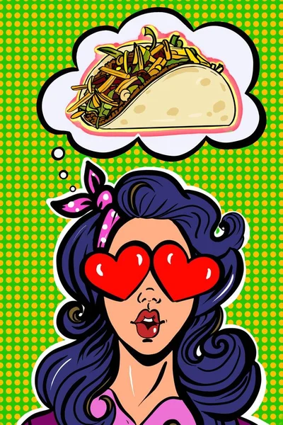 Pop Art Álmodik Taco Étel Szív Jel Szemében — Stock Fotó