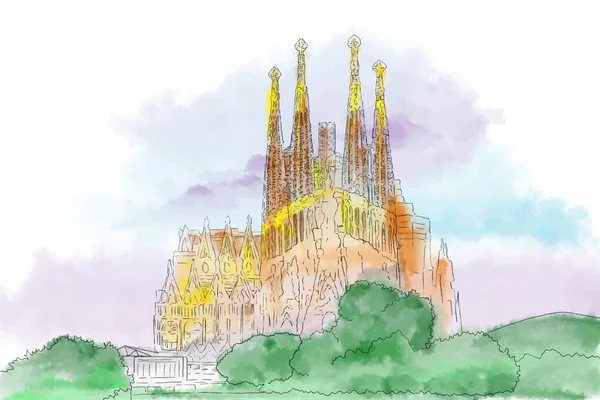 Sagrada Familia バルセロナ スペイン イラスト描画 水の色 — ストック写真