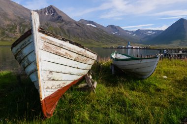 eski ahşap tekneler siglufjordur Harbour, İzlanda