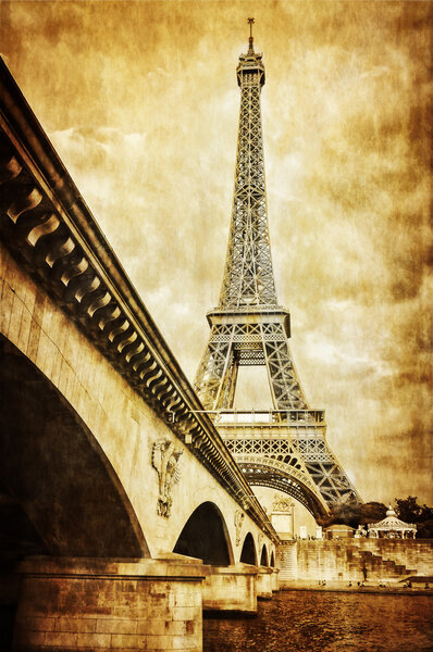 Eiffel tower vintage retro view from Seine river, Paris