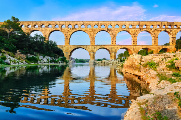 Pont du Gard view with river reflection, France