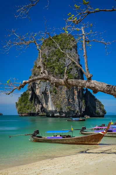 Phra Nang playa y vista al paisaje de la isla con árbol y barco —  Fotos de Stock