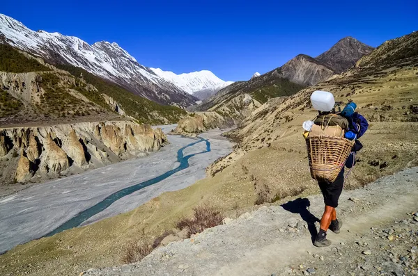 माउंटेन पोर्टर भारी भार ले जा रहा है — स्टॉक फ़ोटो, इमेज