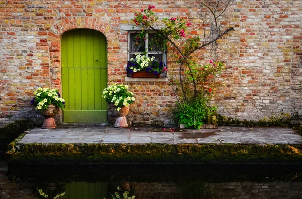 Vieux mur vintage avec porte verte et fleurs — Photo