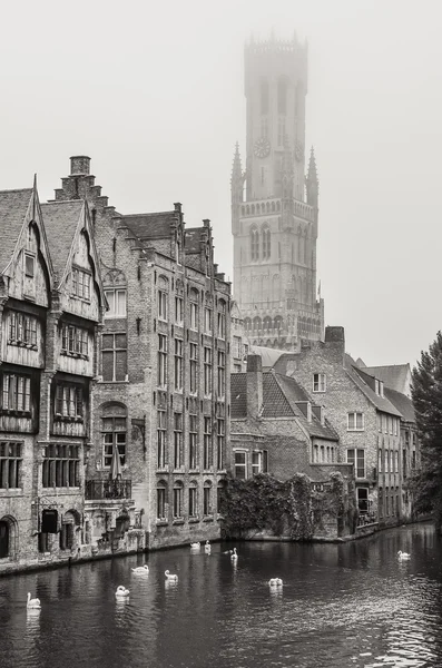 Canal de agua de Brujas y torre de campanario en monocromo —  Fotos de Stock