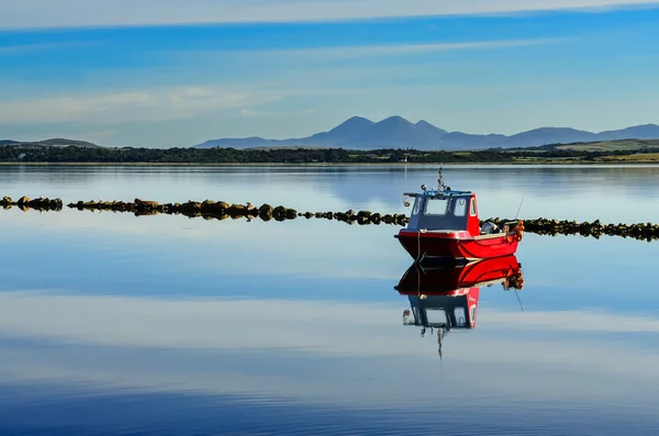 Petit bateau rouge dans un port paisible — Photo