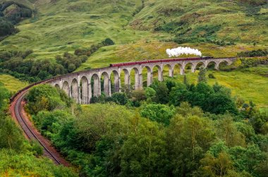 buharlı tren görüntüleme İskoçya bir ünlü glenfinnan Viyadüğü üzerinde