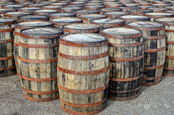 Gestapelte Whiskyfässer und -fässer — Stockfoto