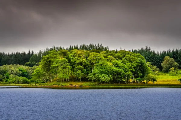Idyllische Insel im See mit grünen Bäumen, Schottland — Stockfoto