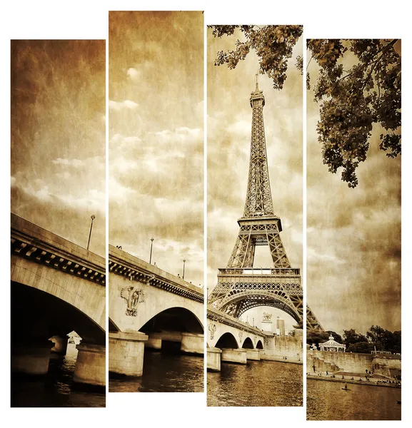 Eiffel tower vintage retro i ränder, från floden seine, paris — Stockfoto