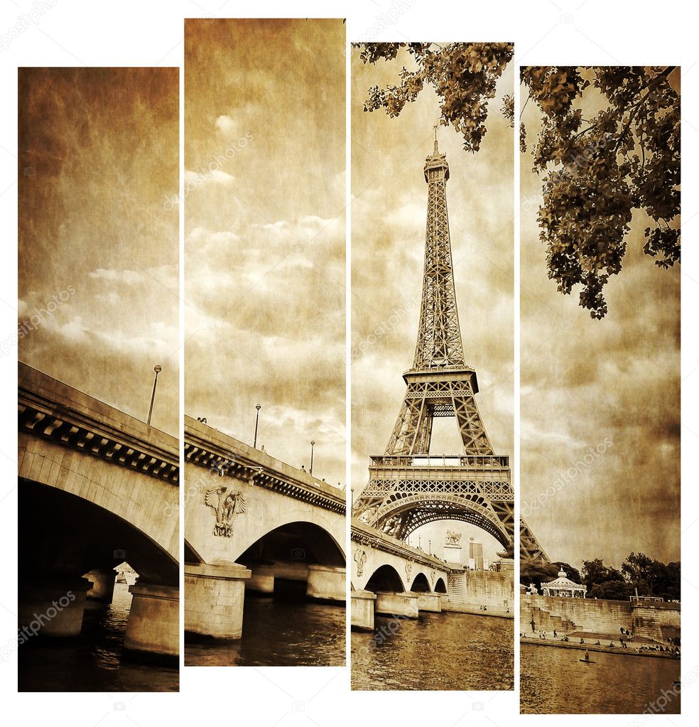 Eiffel tower vintage retro in stripes, from Seine river, Paris