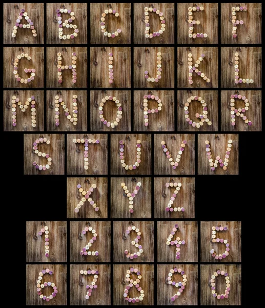 Αλφάβητο γράμματα και αριθμοί φιαγμένοι από κρασί Φελλοί — Φωτογραφία Αρχείου