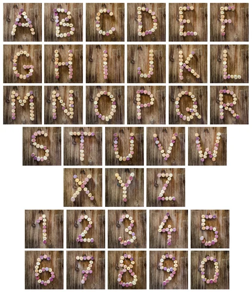 Alphabet letters and numbers made from wine corks — Stock Photo, Image