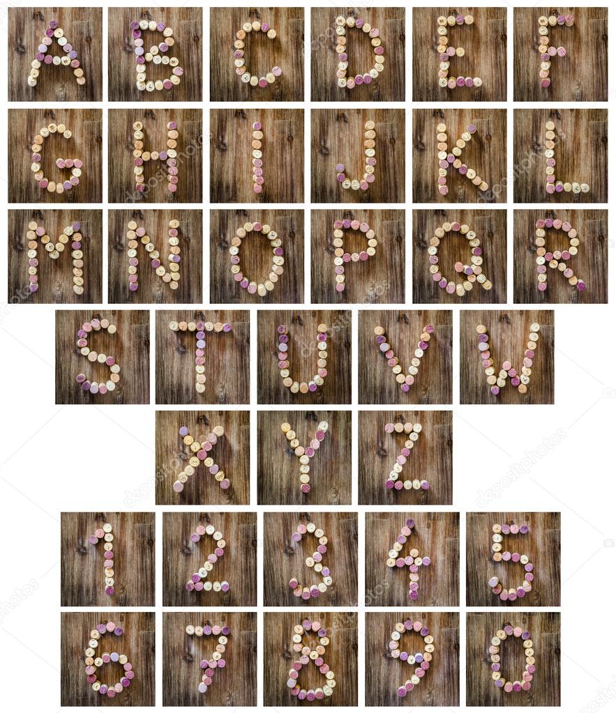 Alphabet letters and numbers made from wine corks