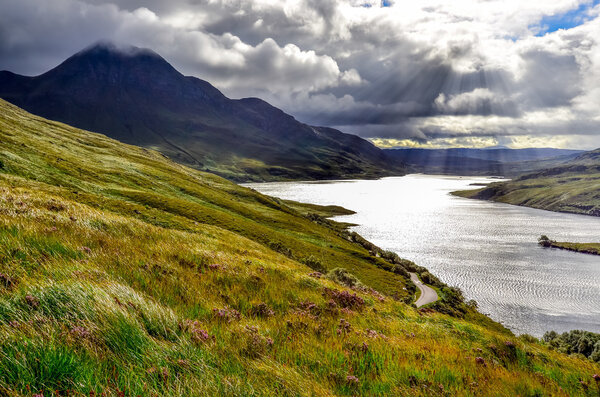 Scenic view of the lake and mountains, Inverpolly, Scotland