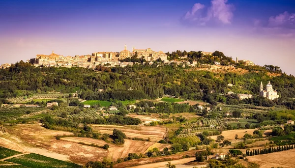 Uitzicht op montepulciano stad en wijn land landschap — Stockfoto