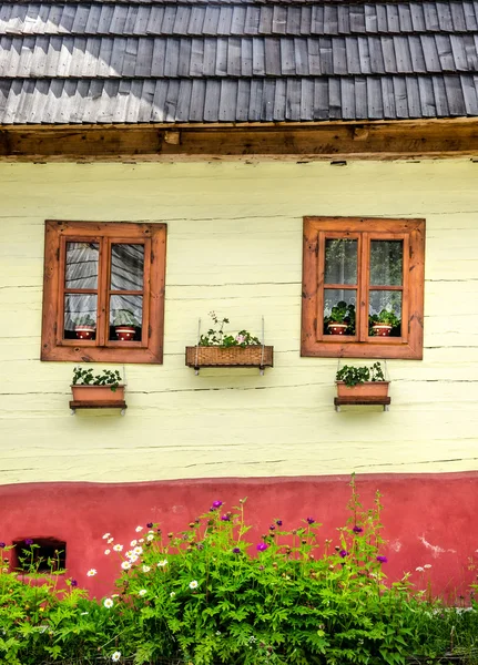 Színes ablakok, a virágok a régi hagyományos ház részlete — Stock Fotó