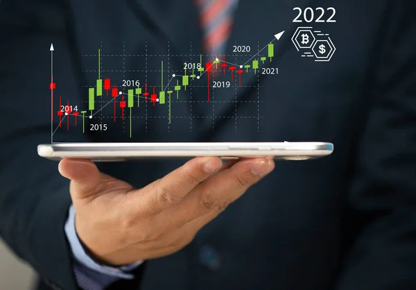 手握2022年平板电脑的商人对股市前景的预测 图表和烛台 股市走势 过去到现在 — 图库照片