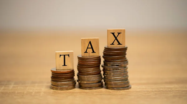 Wooden Blocks Word Tax Stacked Coins Concept Income Tax — Photo