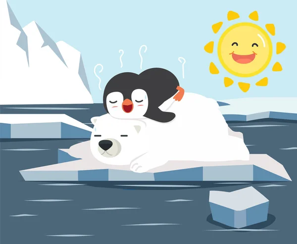 Urso Polar Com Pequeno Sono Pinguim Geleira Geleira Derretimento — Vetor de Stock