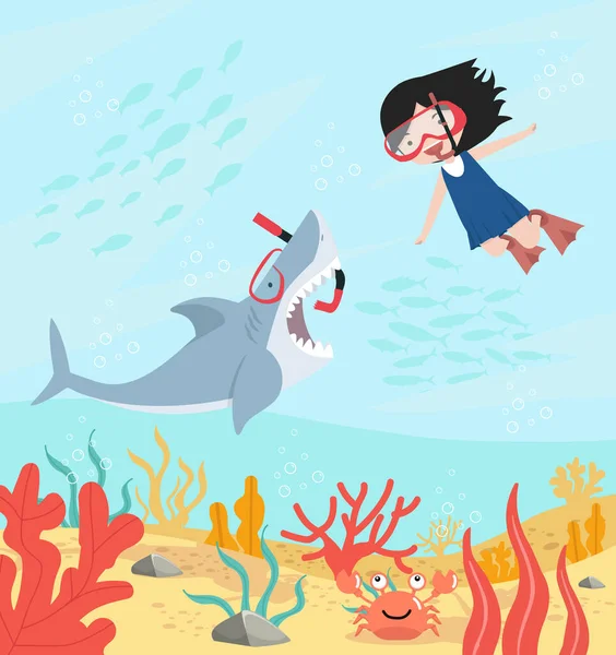 Lindo Tiburón Plano Boca Abierta Con Fondo Equipo Buceo Chica — Vector de stock