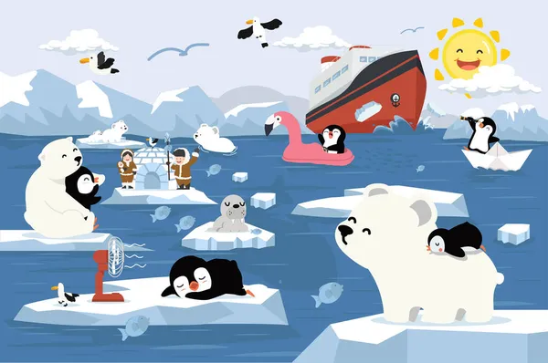 Urso Polar Com Pinguim Pólo Norte Ártico Aquecimento Global —  Vetores de Stock
