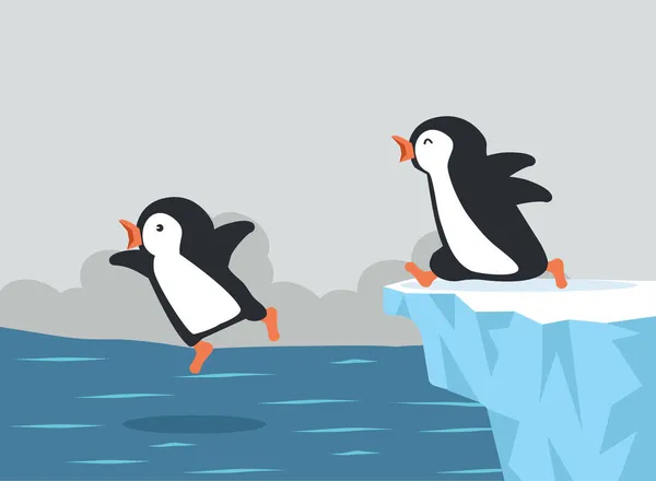 Pinguins Bonitos Pulando Iceberg — Vetor de Stock